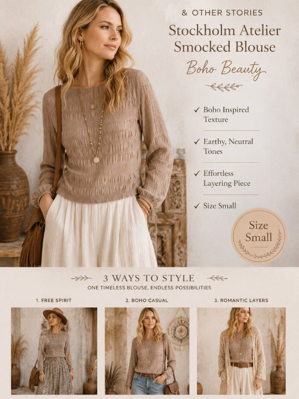 & Other Stories Stockholm Atelier Smocked Blouse Boat Neck Taupe Boho